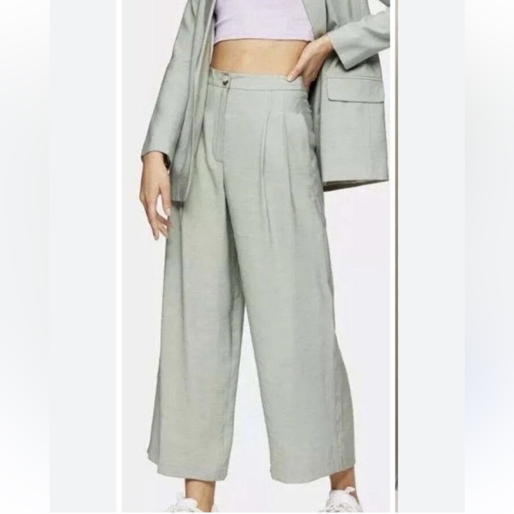 Topshop Mint Sage Green Pleated Wide Leg Trousers Pants Size 4 Women’s